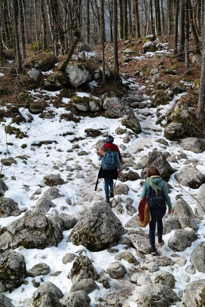Wandelen door de sneeuw in Triglav National Park in de winter